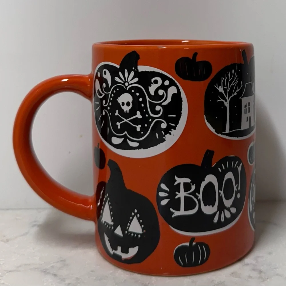Crate&Barrel Halloween Orange Mug with Black Pumpkin Design